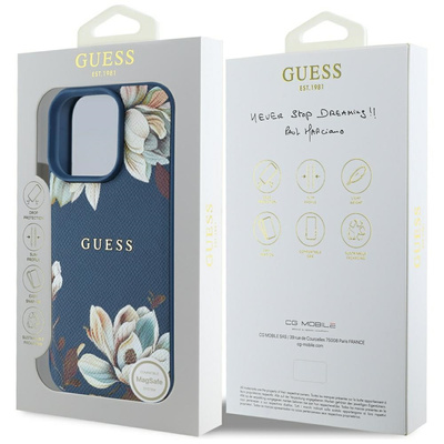 Guess Grained Printed Flower Pattern MagSafe Case für iPhone 16 Pro Blau