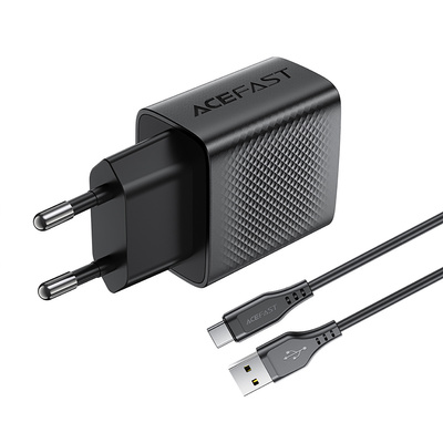 Acefast A90 GaN USB-A QC 18W Netzwerkladegerät - Schwarz + USB-A / USB-C-Kabel