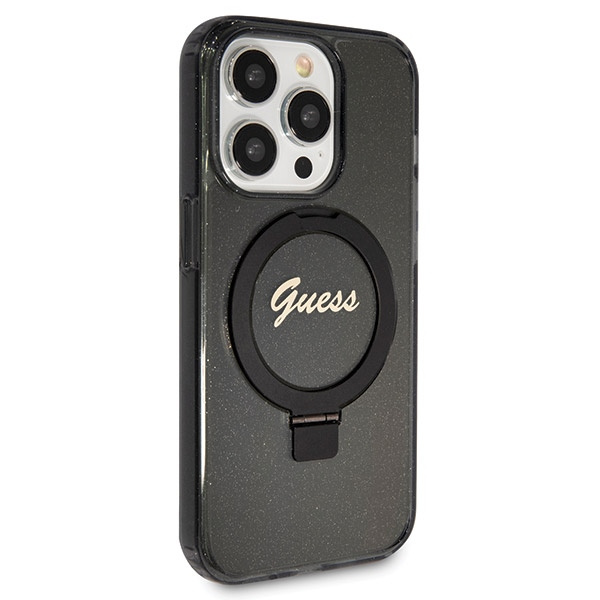 Guess Ring Stand Script Glitter MagSafe-Hülle für iPhone 13 Pro Max – Schwarz
