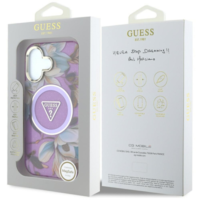 Etui Guess Glitter Flowers Triangle Buttons MagSafe do iPhone 16 fioletowy