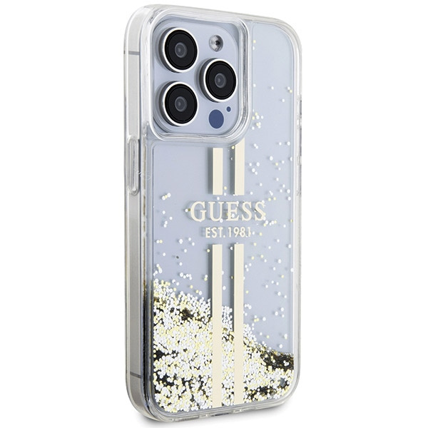 Guess Liquid Glitter Gold Stripes Hülle für iPhone 15 Pro Max – transparent