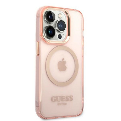 Guess GUHMP14LHTCMP iPhone 14 Pro 6,1&quot; rosa/rosa Hartschale Gold Outline Translucent MagSafe
