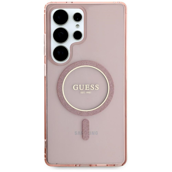 Guess Glitter Circle Classic Logo MagSafe Hülle für Samsung Galaxy S25 Ultra rosa