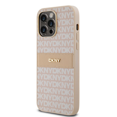 DKNY Leder-Monostreifen- und Metall-Logo-Hülle für iPhone 14 Pro – Rosa