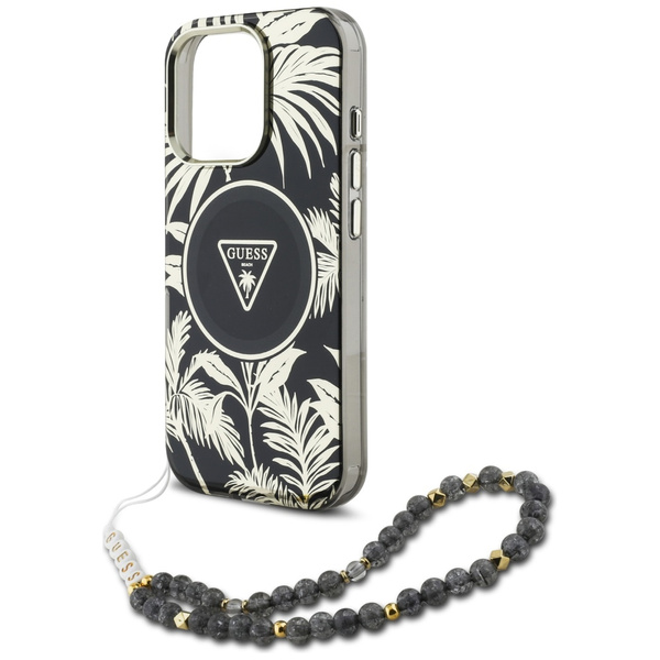 Etui Guess Palm Trees Triangle Pearl Strap MagSafe do iPhone 16  Pro Max czarny