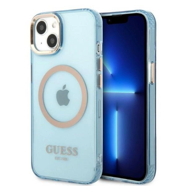 Etui Guess Gold Outline Translucent MagSafe na iPhone 13 - niebieskie