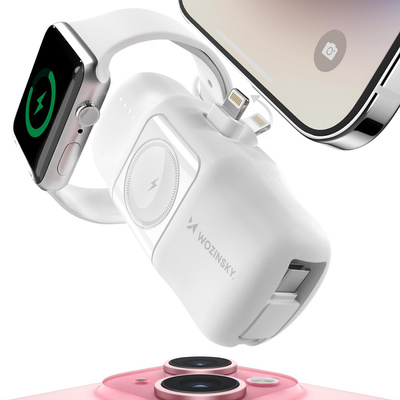 Wozinsky WF16-YLS 5000 mAh 15 W Lightning Mini-Powerbank mit integriertem USB-C-Kabel und Apple Watch Ladegerät – Weiß