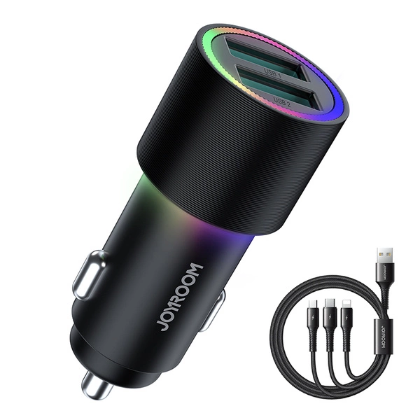 Joyroom car charger 2 x USB with backlight 24W + power cable 3in1 USB Type C / micro USB / Lightning 1.2m black (JR-CL10)