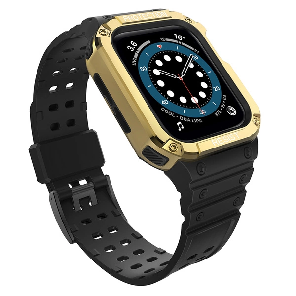 Protect Strap Band opaska z etui do Apple Watch 7 / 6 / 5 / 4 / 3 / 2 / SE (45 / 44 / 42mm) obudowa pancerny pokrowiec na zegarek czarny / złoty