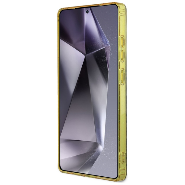 Guess 4G Glitzer Dreieck Knöpfe MagSafe Hülle für Samsung Galaxy S25 Ultra Braun