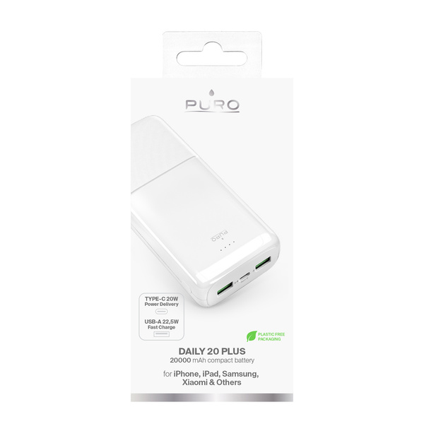 Powerbank Puro DAILY 20 PLUS 20000mAh 2x USB-A / 1x USB-C 22.5W PD AFC - biały
