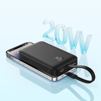 Baseus Magnetic Mini MagSafe 10000mAh 20W powerbank with built-in Lightning cable - black + Baseus Simple Series USB-C - USB-C 60W 0.3m cable